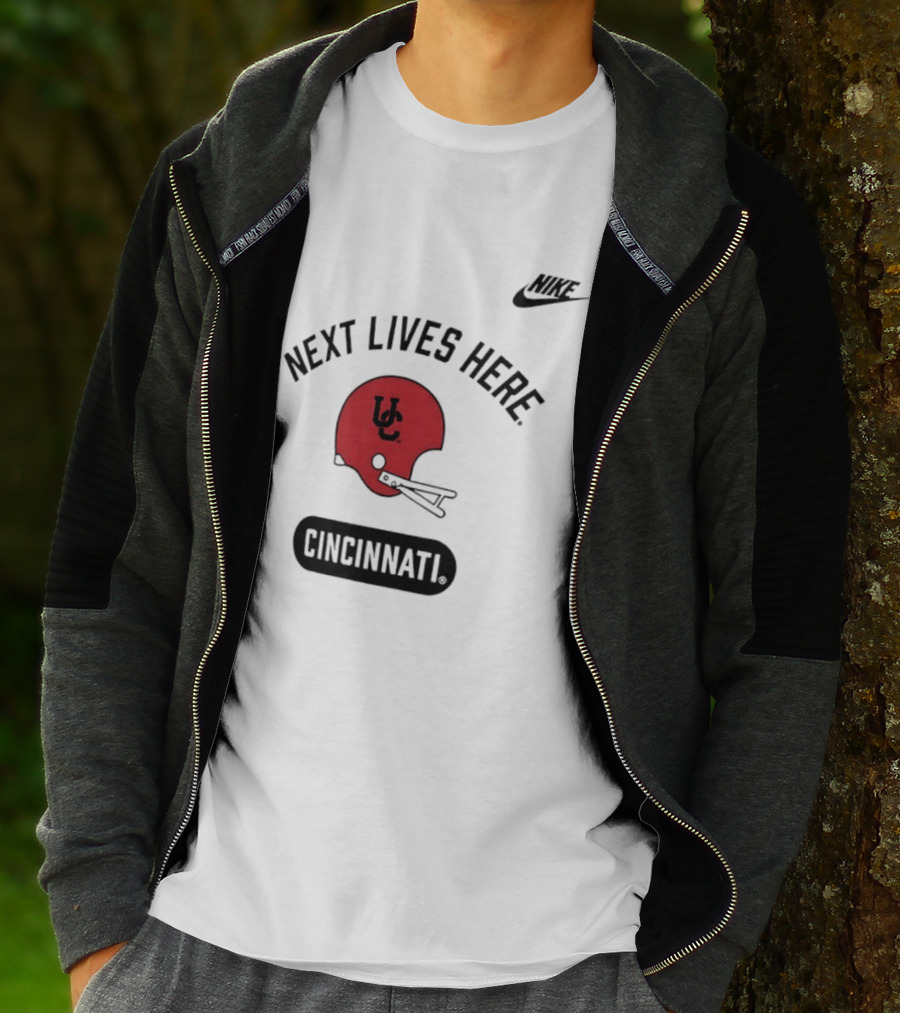 Next Lives Here Cincinnati UC Football Helmet Nike T-Shirt