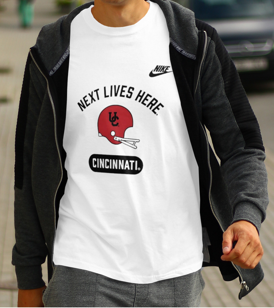 Next Lives Here Cincinnati UC Football Helmet Nike T-Shirt