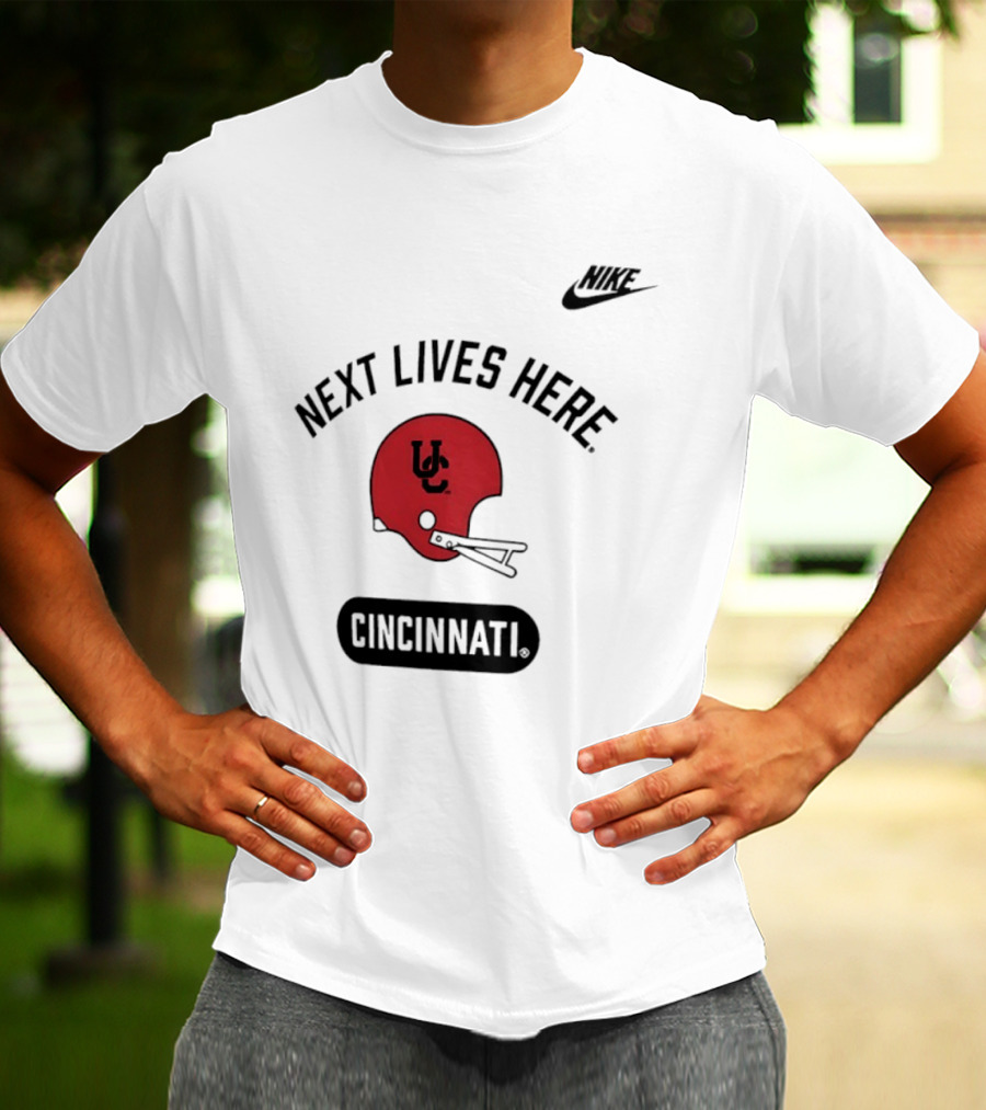 Next Lives Here Cincinnati UC Football Helmet Nike T-Shirt