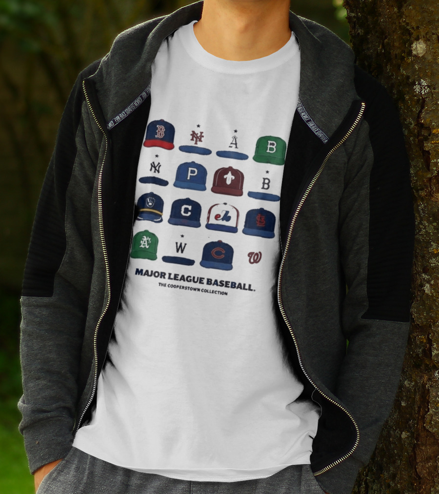 Major League Baseball Cooperstown Collection Cap Collage Featuring Historic Team Logos T-Shirt