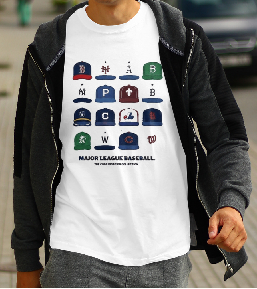 Major League Baseball Cooperstown Collection Cap Collage Featuring Historic Team Logos T-Shirt
