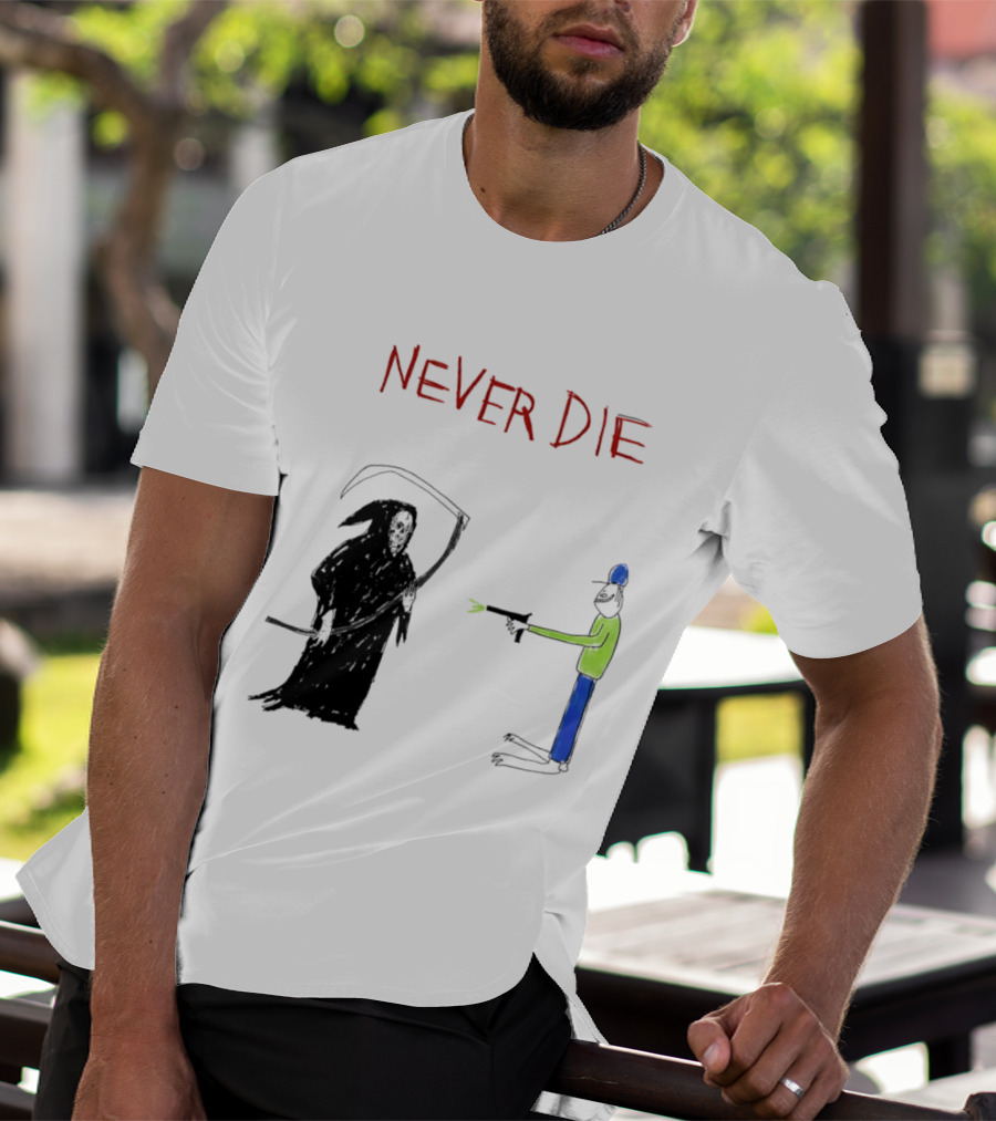 Never Die Grim Reaper Confronts Armed Man Drawing T-Shirt