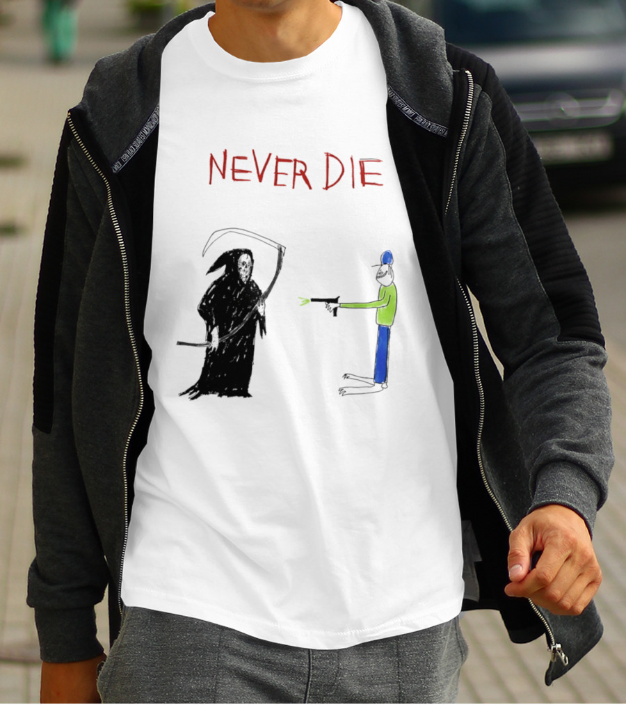 Never Die Grim Reaper Confronts Armed Man Drawing T-Shirt