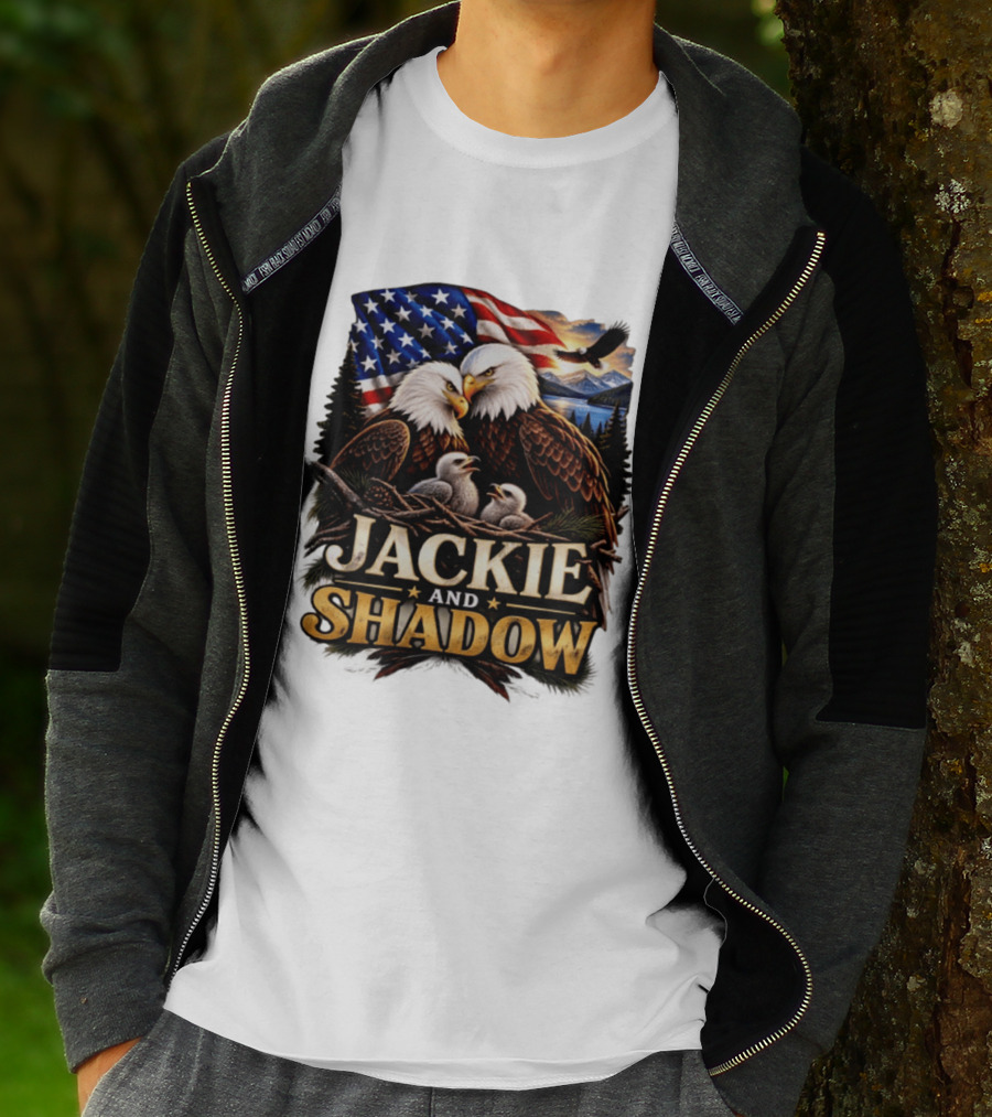 Jackie And Shadow Bald Eagles With American Flag T-Shirt