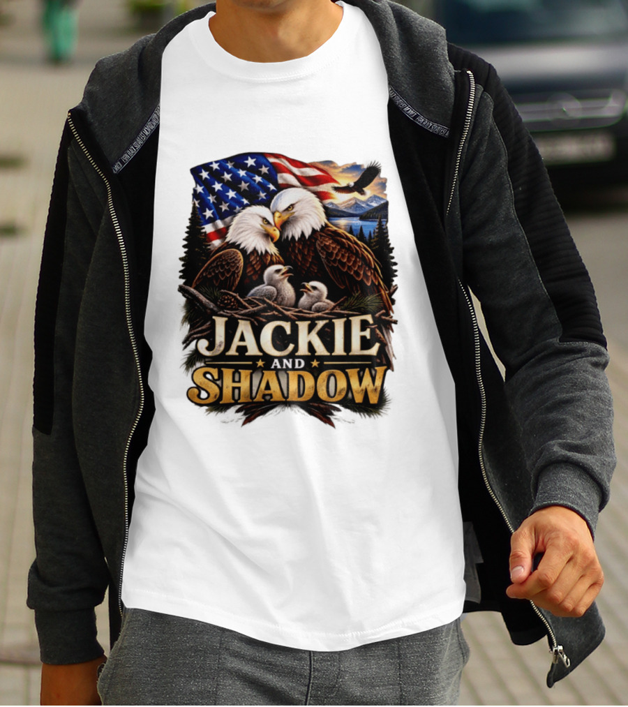 Jackie And Shadow Bald Eagles With American Flag T-Shirt