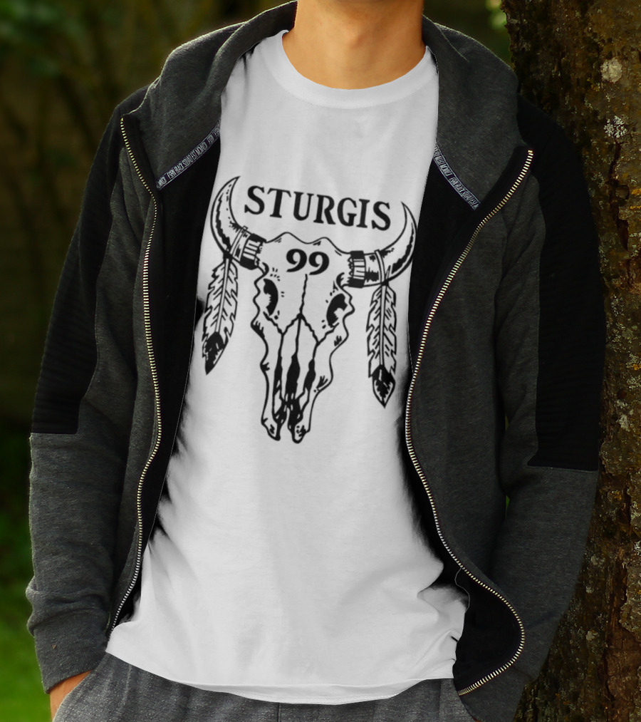 Sturgis 99 Bull Skull Western Biker Feathers T-Shirt
