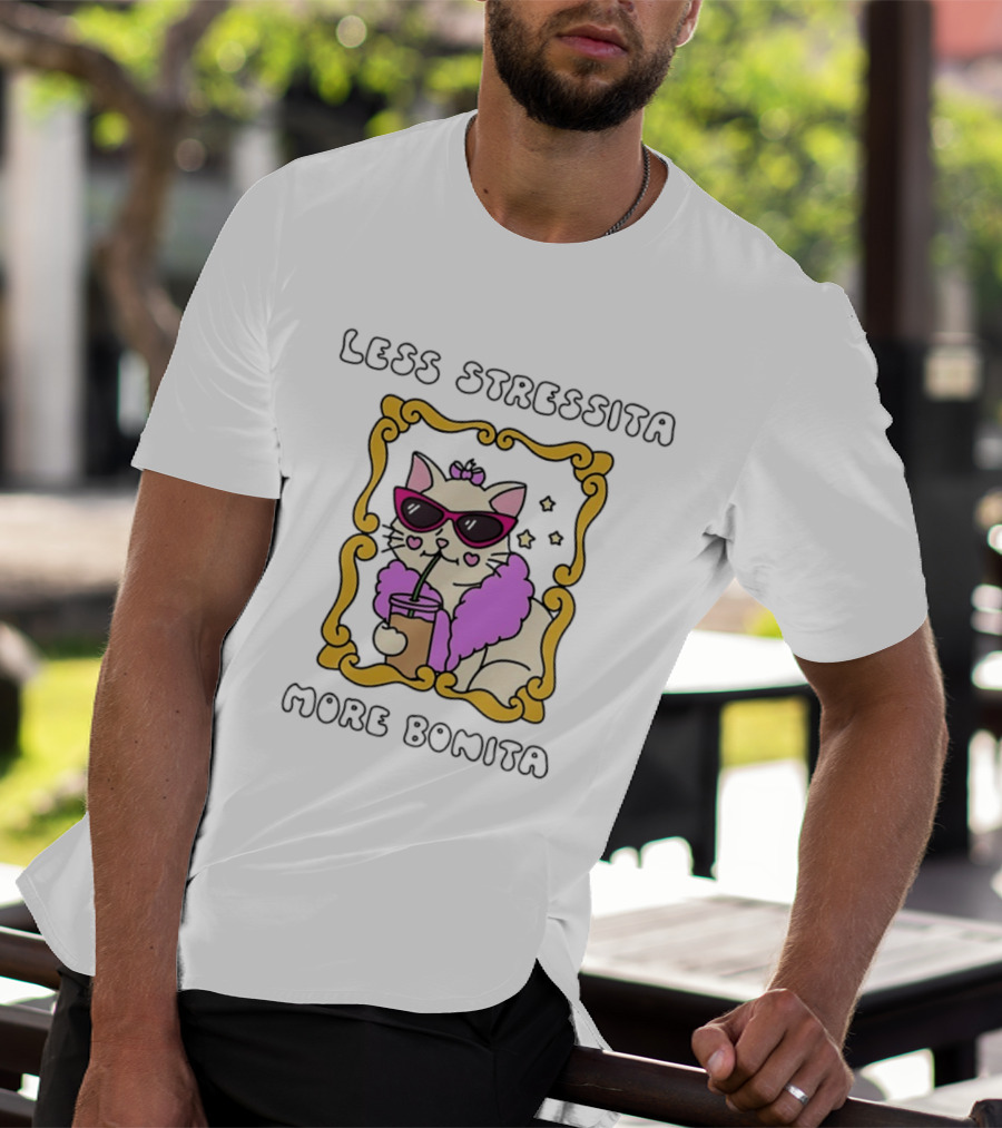 Less Stressita More Bonita Cat With Sunglasses And Drink Framed In Yellow Border T-Shirt