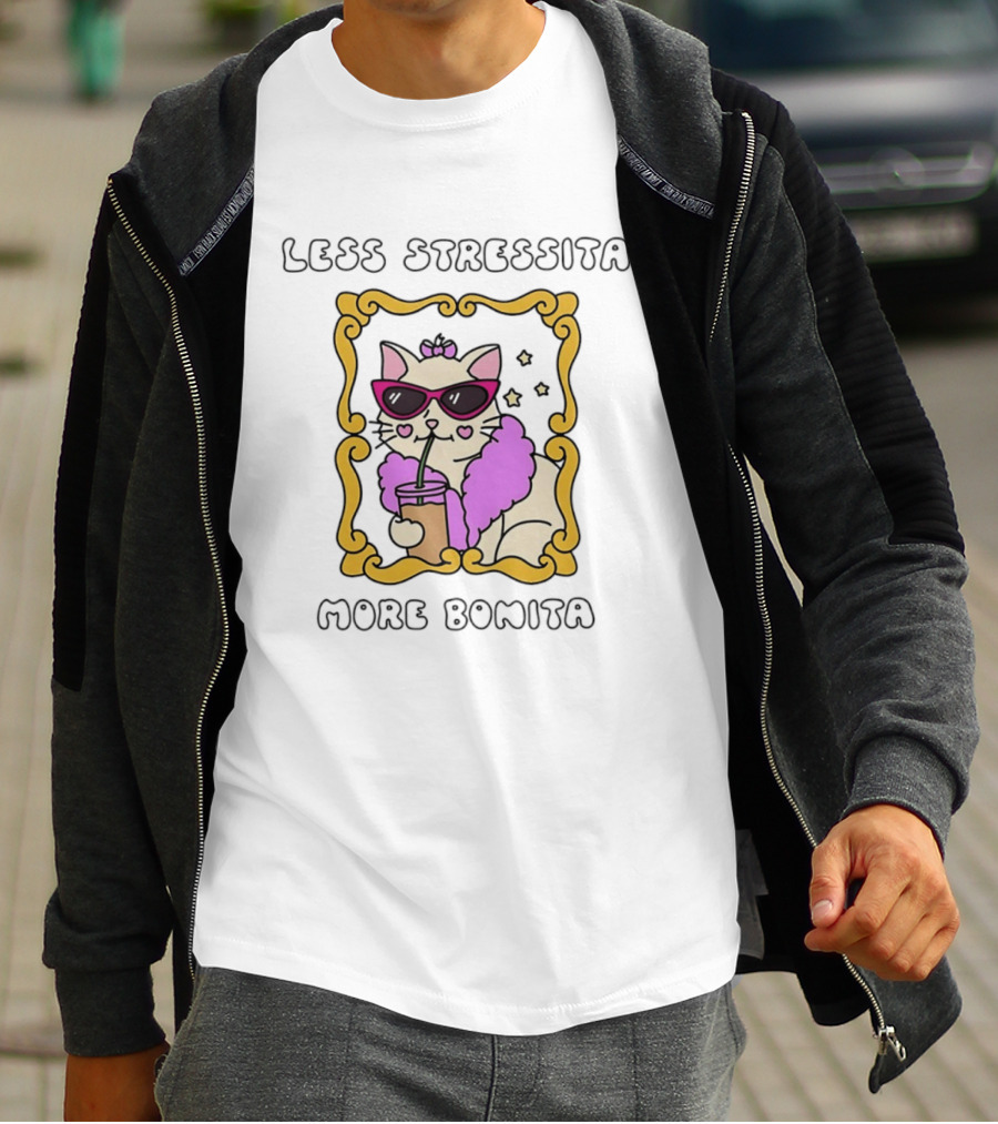 Less Stressita More Bonita Cat With Sunglasses And Drink Framed In Yellow Border T-Shirt