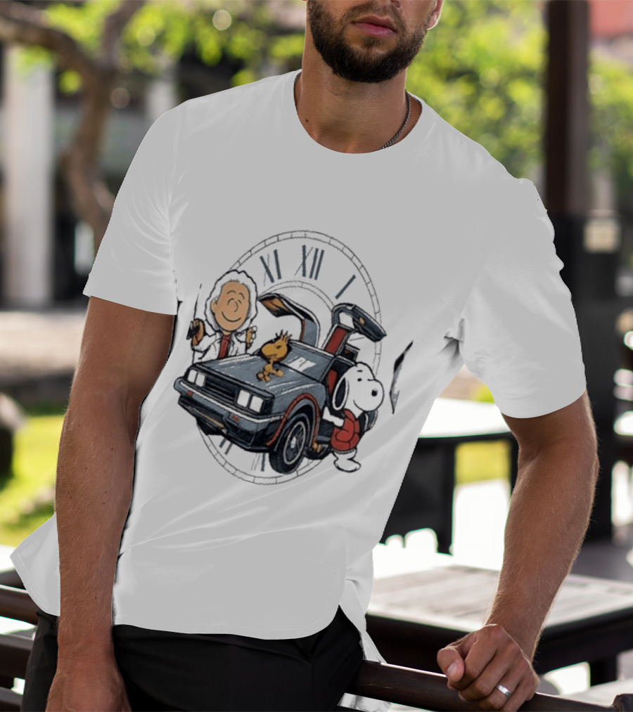 Peanuts Characters With DeLorean Time Machine And T-Shirt