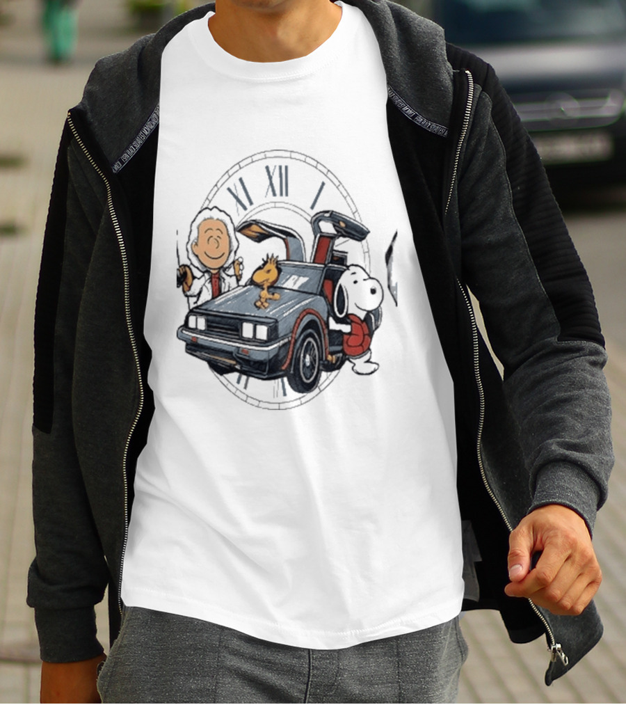 Peanuts Characters With DeLorean Time Machine And T-Shirt
