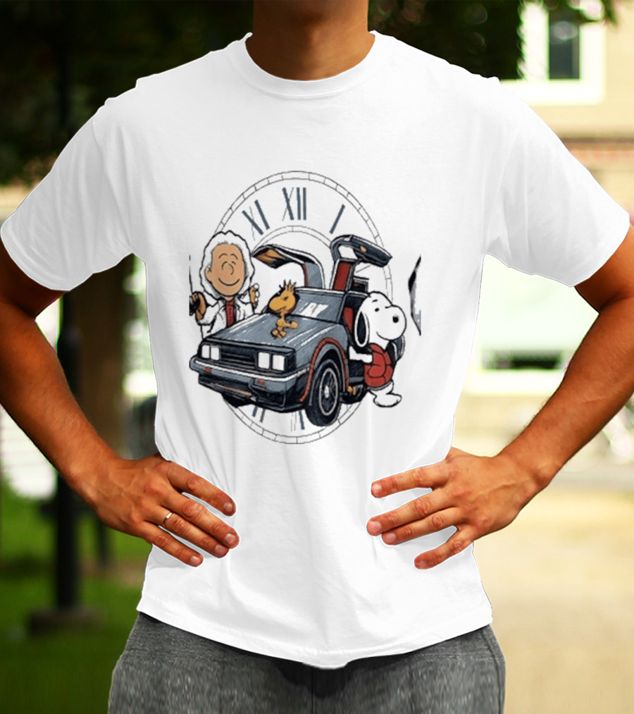 Peanuts Characters With DeLorean Time Machine And T-Shirt