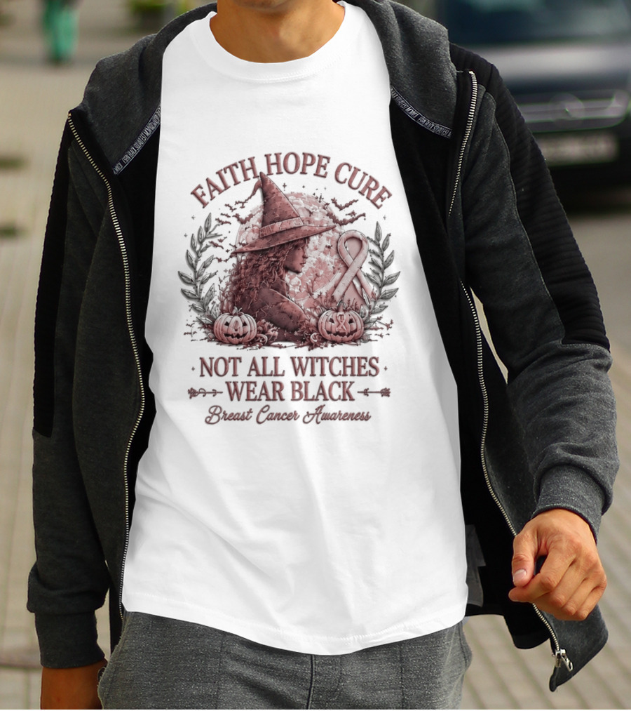 Faith Hope Cure Not All Witches Wear Black Breast Cancer Awareness Pumpkin Hat T-Shirt
