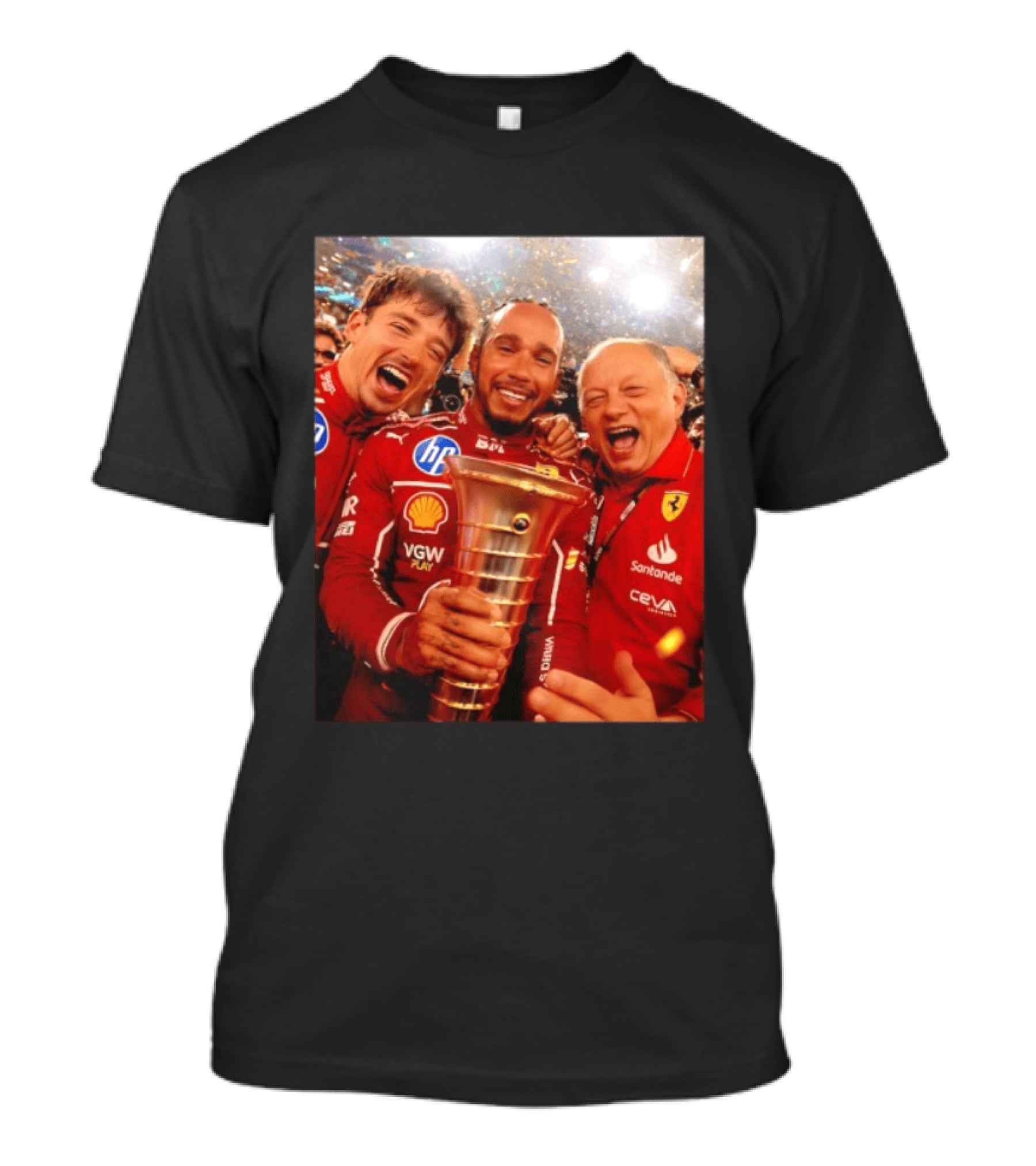 Charles Leclerc Lewis Hamilton Frederic Vasseur Ferrari Victory Celebration Trophy BP Shell Santander CEVA Racing T-Shirt