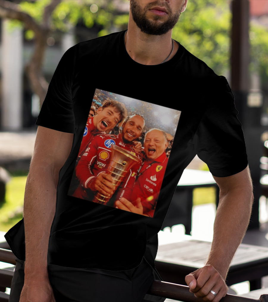 Charles Leclerc Lewis Hamilton Frederic Vasseur Ferrari Victory Celebration Trophy BP Shell Santander CEVA Racing T-Shirt