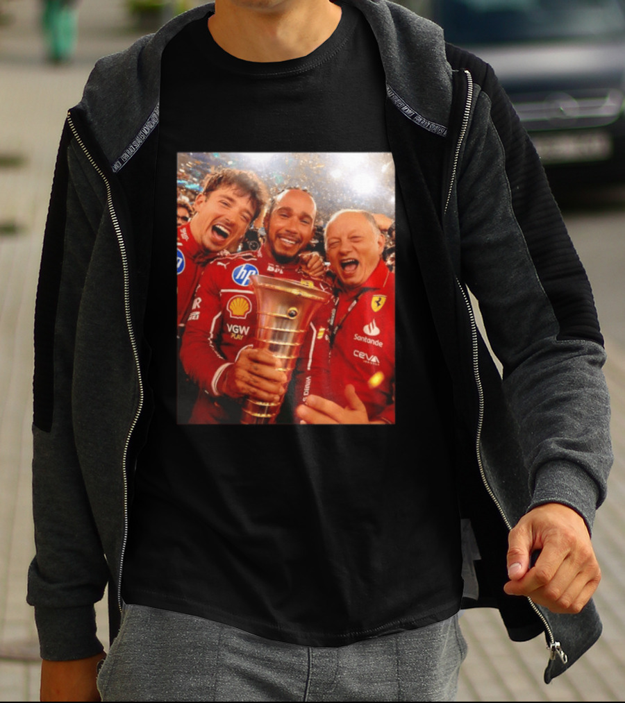 Charles Leclerc Lewis Hamilton Frederic Vasseur Ferrari Victory Celebration Trophy BP Shell Santander CEVA Racing T-Shirt
