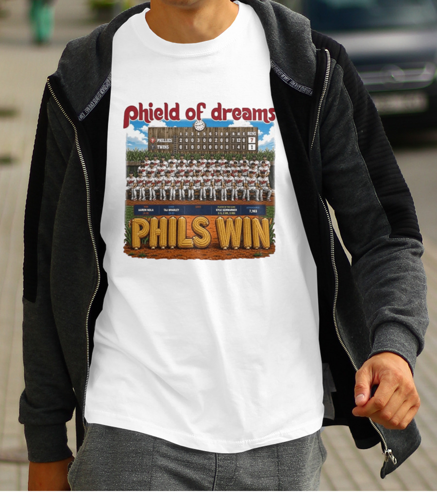 Phield Of Dreams Phillies Twins 7 1 Phils Win Scoreboard Aaron Nola Kyle Schwarber T-Shirt