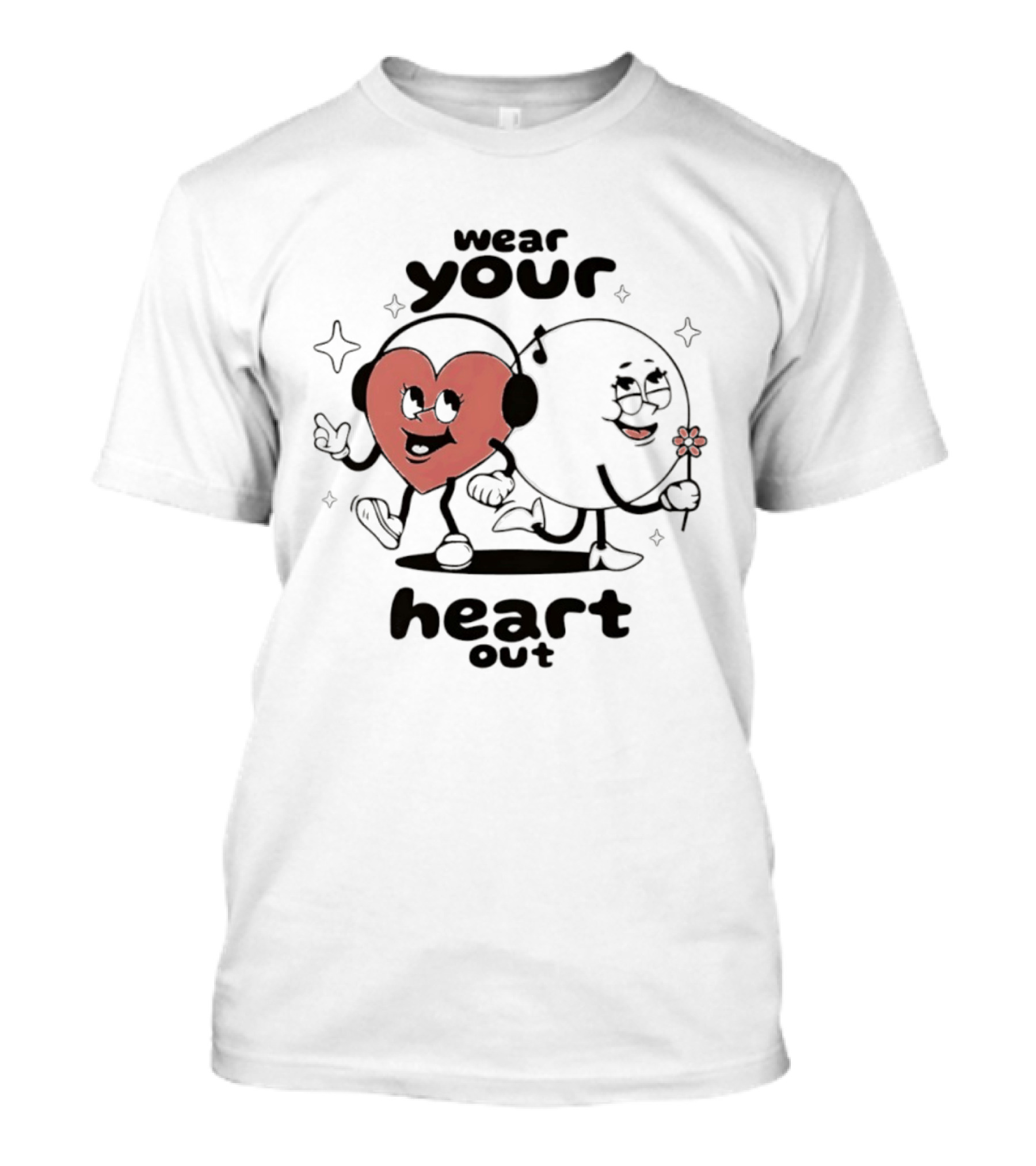 Wear Your Heart Out Love Aesthetic Headphones And Flower Cartoon Characters T-Shirt