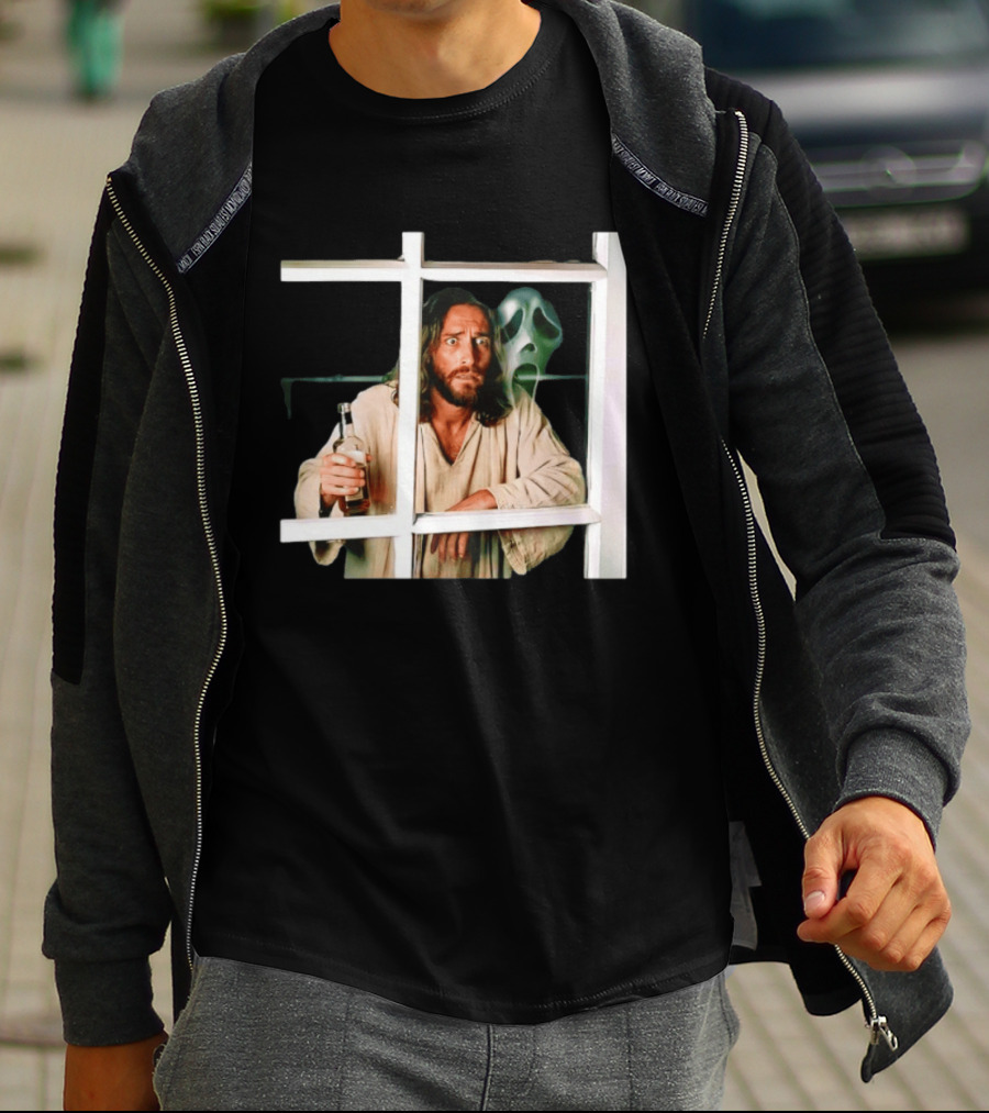 Jesus Drinking Whiskey With Ghostface Killer Behind Window T-Shirt