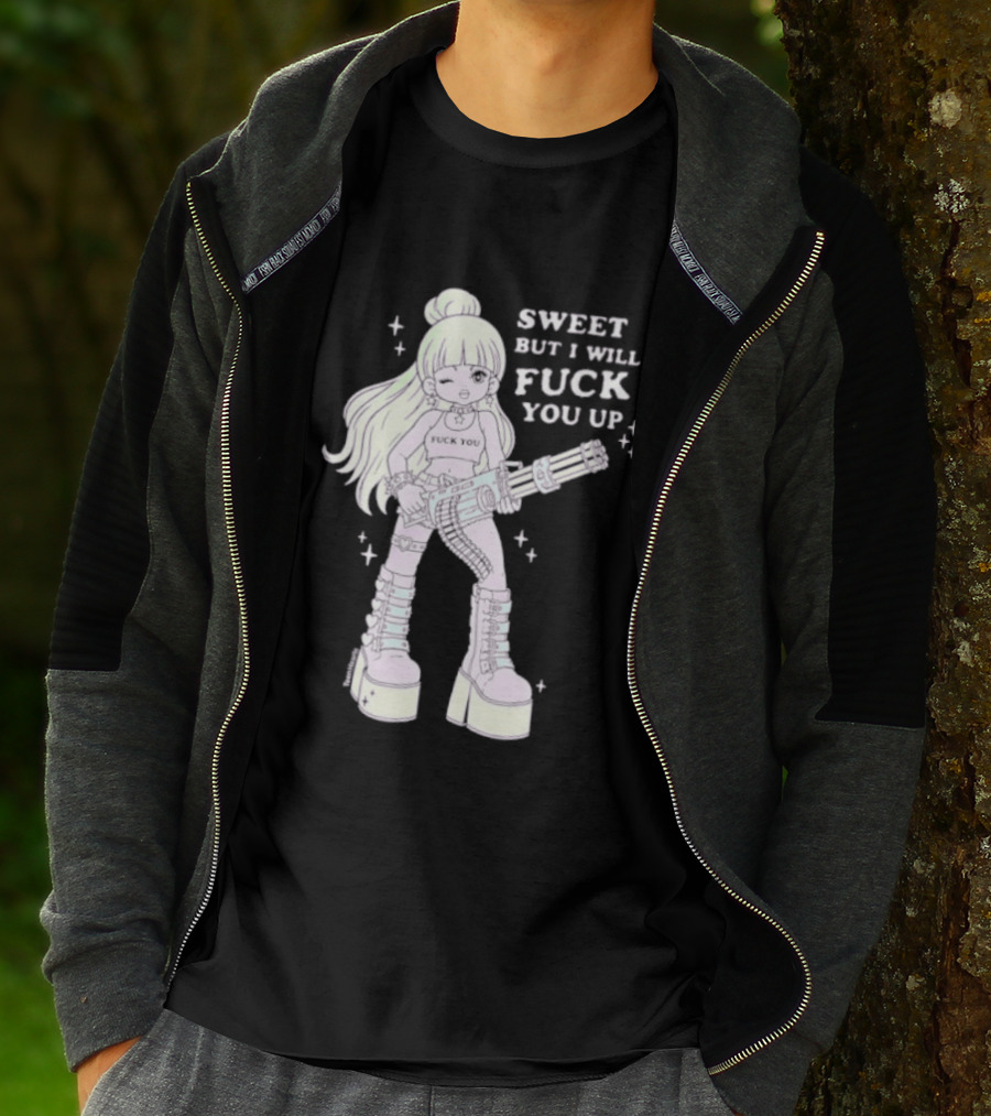 Sweet But I Will Fuck You Up Anime Girl Gun Platform Boots T-Shirt