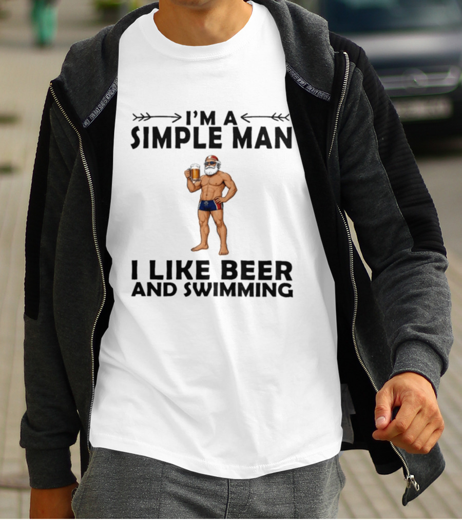 I'm A Simple Man I Like Beer And Swimming Funny Bearded Swimmer With Beer T-Shirt