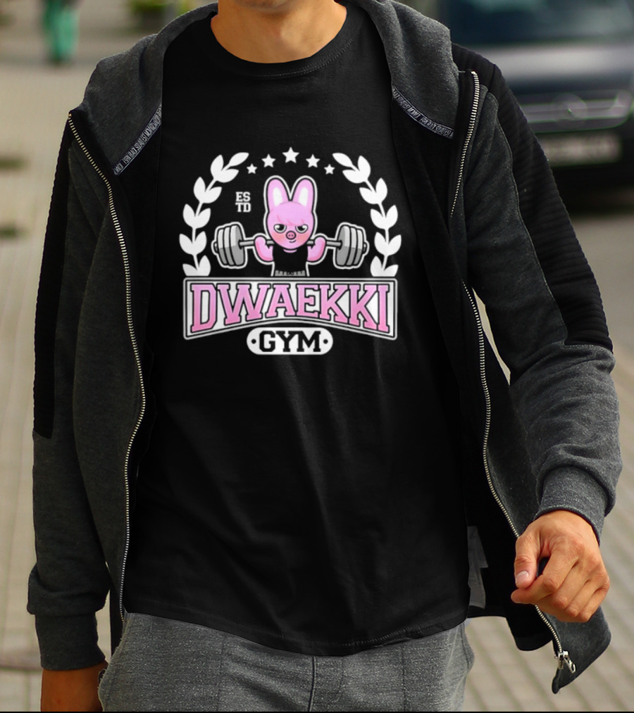 Dwaekki Gym Stray Hyunjin SKZOO K Pop Weightlifting Bunny Character Fitness Fan Gear T-Shirt