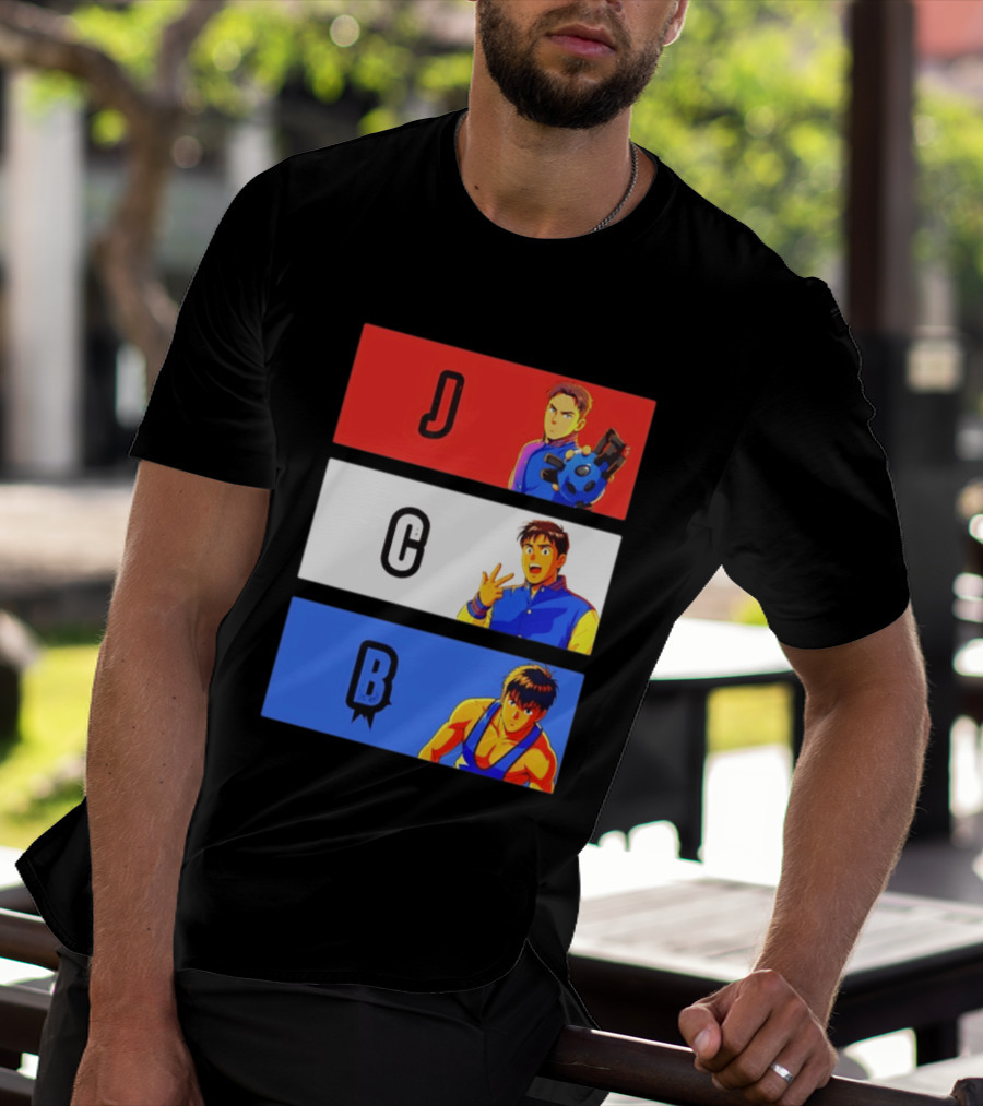 JCB Anime Characters Red White Blue Panels T-Shirt