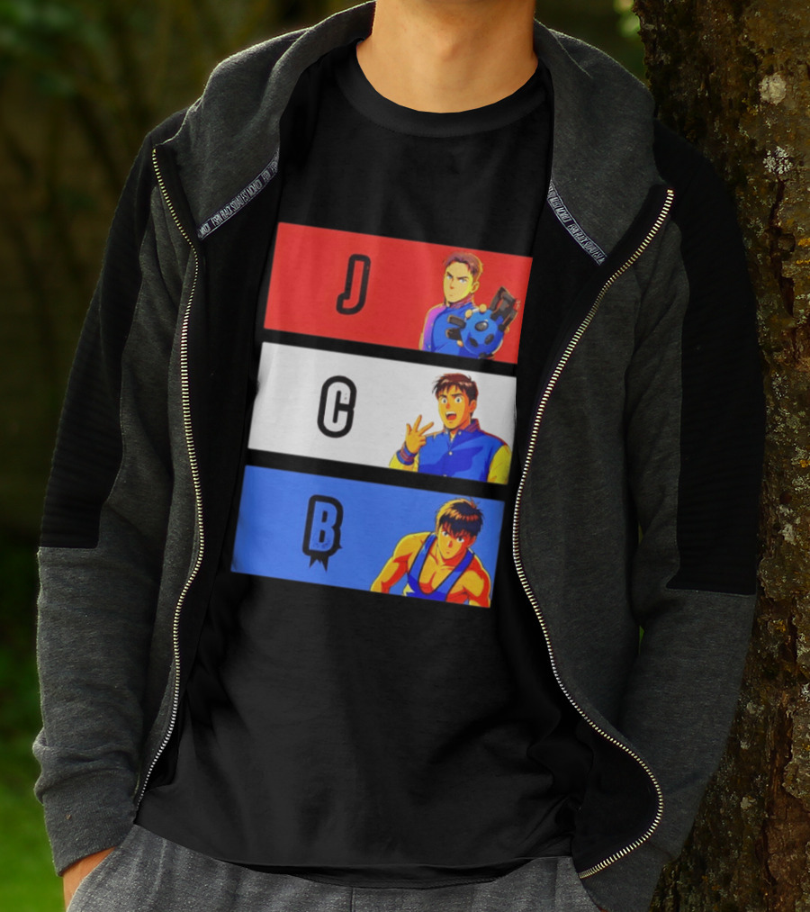 JCB Anime Characters Red White Blue Panels T-Shirt