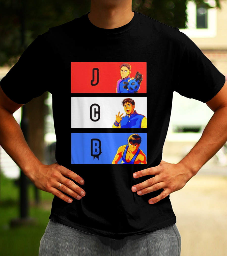 JCB Anime Characters Red White Blue Panels T-Shirt