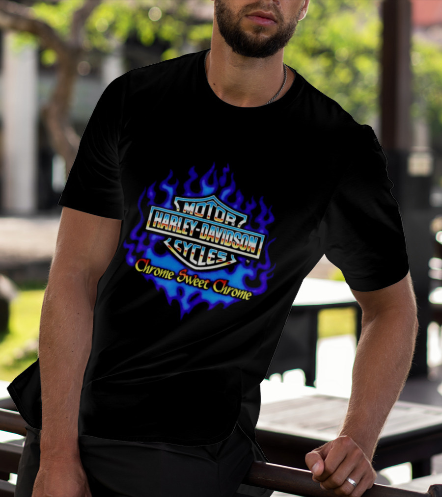 Harley Davidson Motor Cycles Chrome Sweet Chrome Blue Flames T-Shirt
