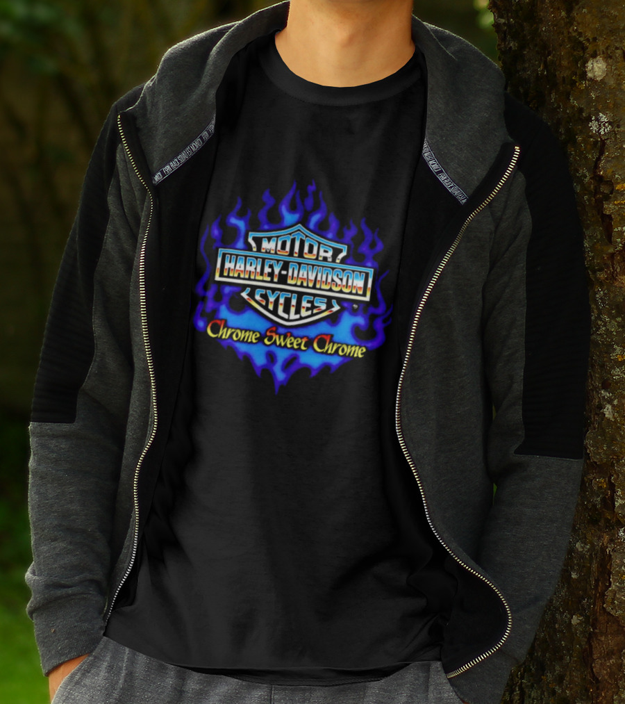 Harley Davidson Motor Cycles Chrome Sweet Chrome Blue Flames T-Shirt