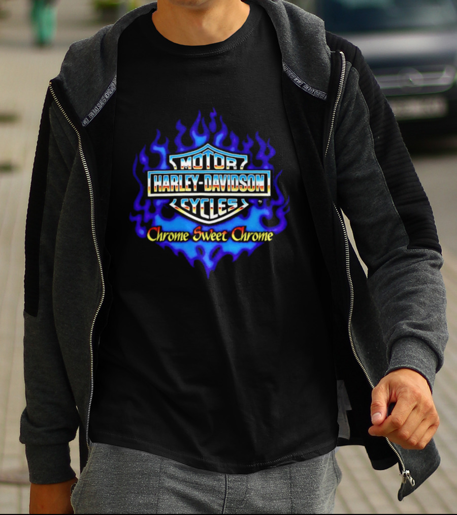 Harley Davidson Motor Cycles Chrome Sweet Chrome Blue Flames T-Shirt