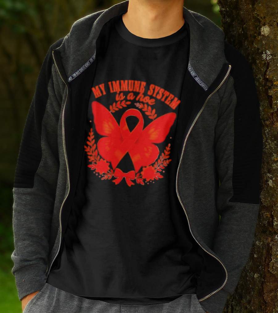 My Immune System Is A Hoe Autoimmune Disease Red Ribbon Butterfly T-Shirt