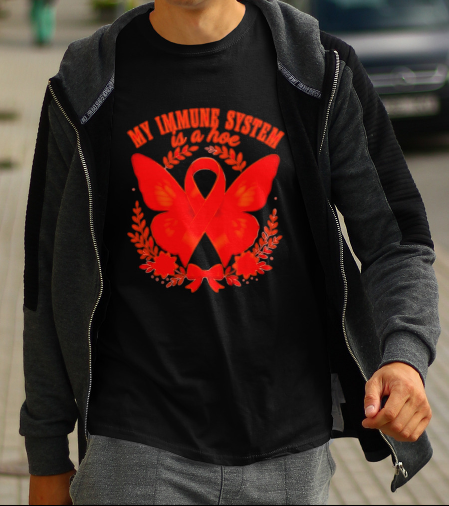 My Immune System Is A Hoe Autoimmune Disease Red Ribbon Butterfly T-Shirt