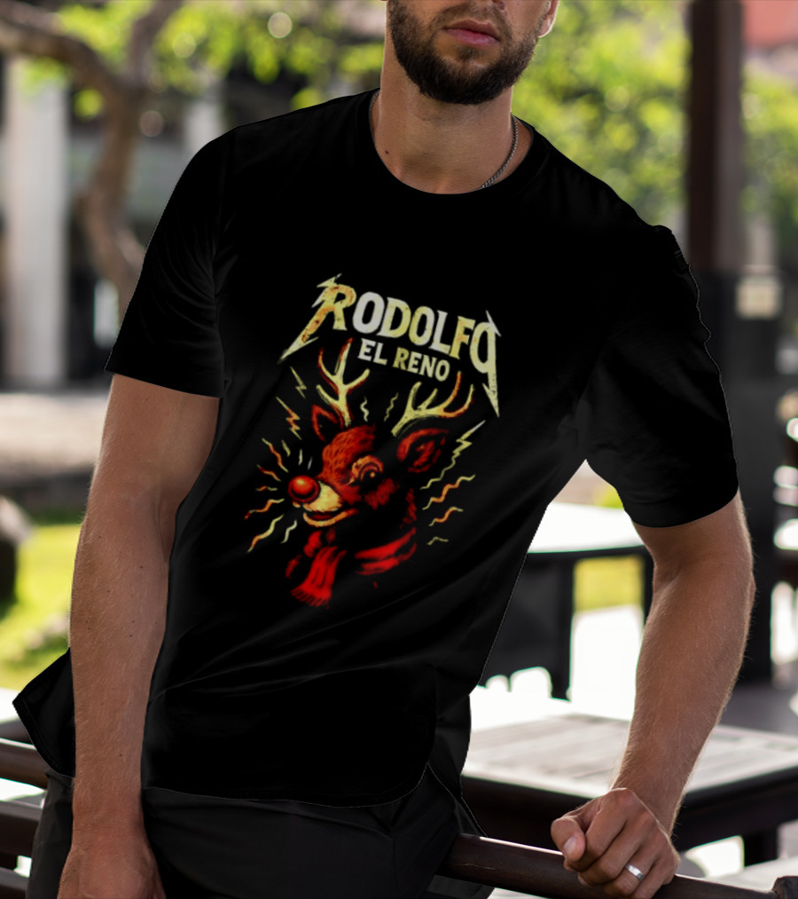 Rodolfo El Reno Heavy Metal Reindeer Christmas Lightning Antlers T-Shirt