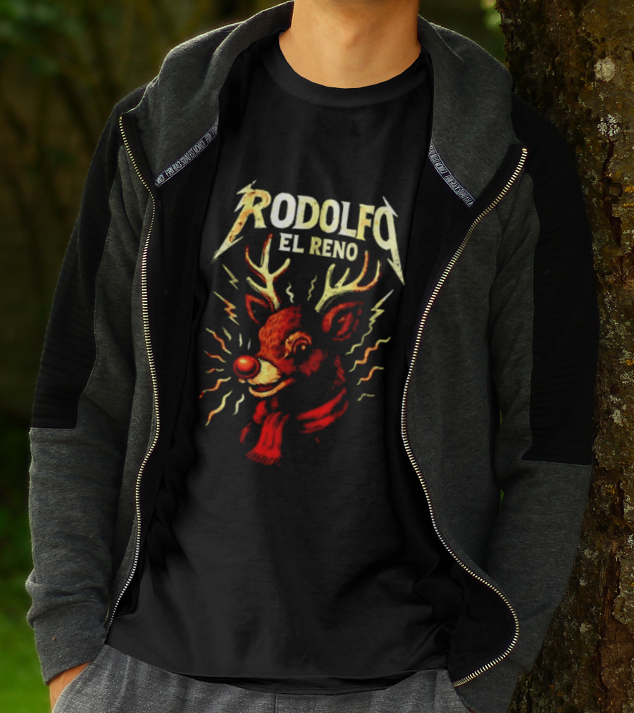 Rodolfo El Reno Heavy Metal Reindeer Christmas Lightning Antlers T-Shirt