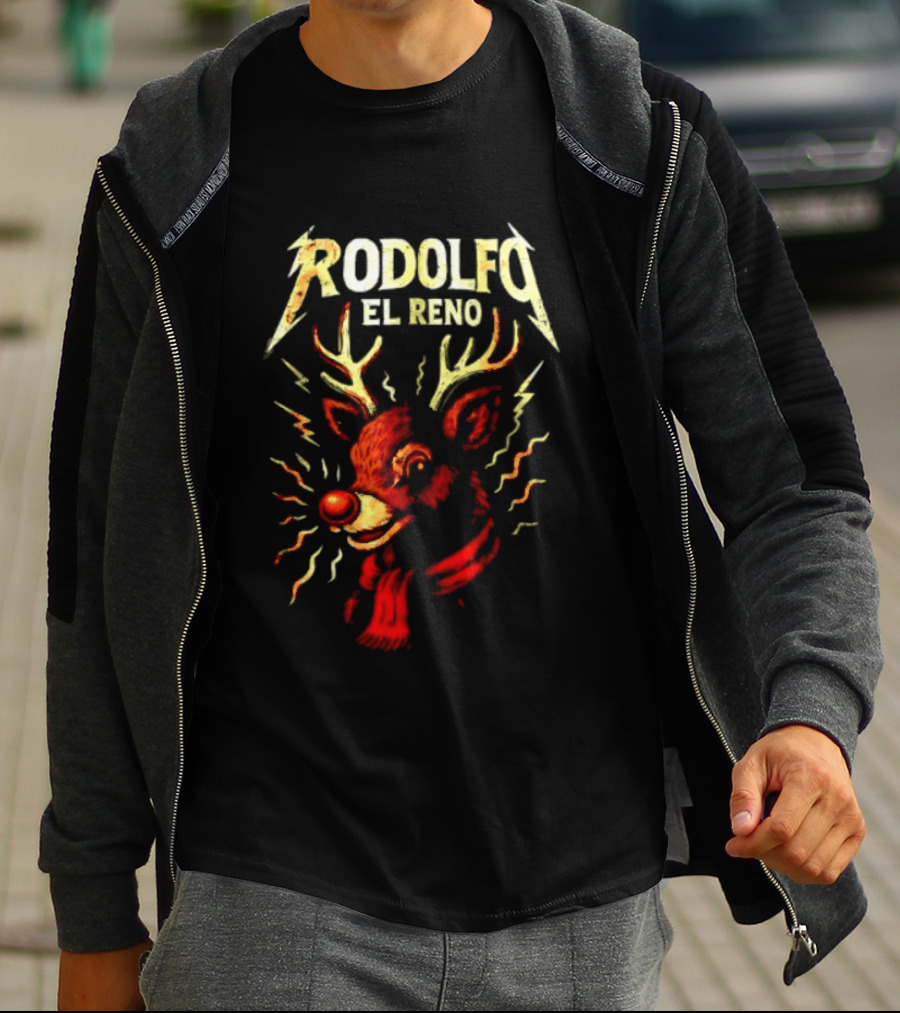 Rodolfo El Reno Heavy Metal Reindeer Christmas Lightning Antlers T-Shirt