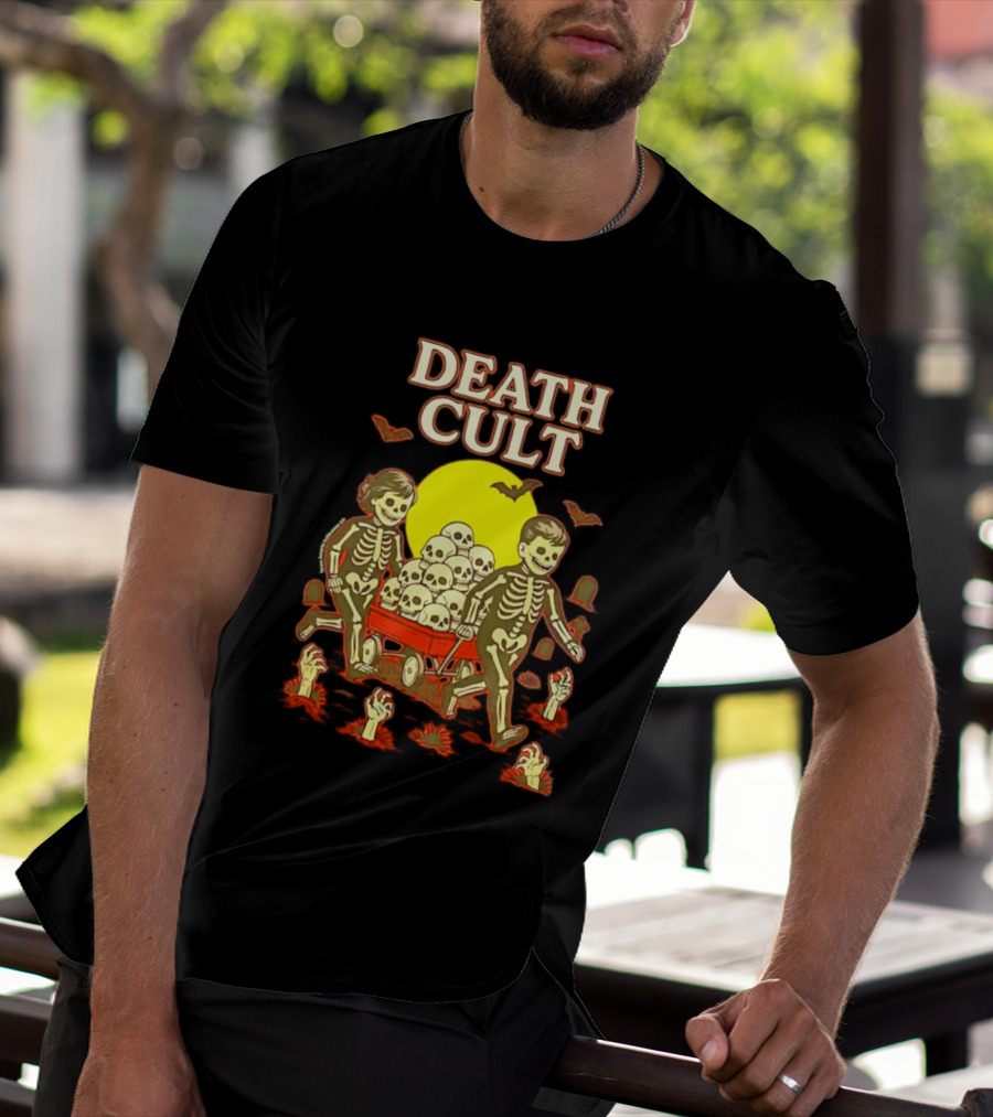 Death Cult Skeleton Kids Hauling Skull Filled Wagon With Rising Hands And Bats T-Shirt