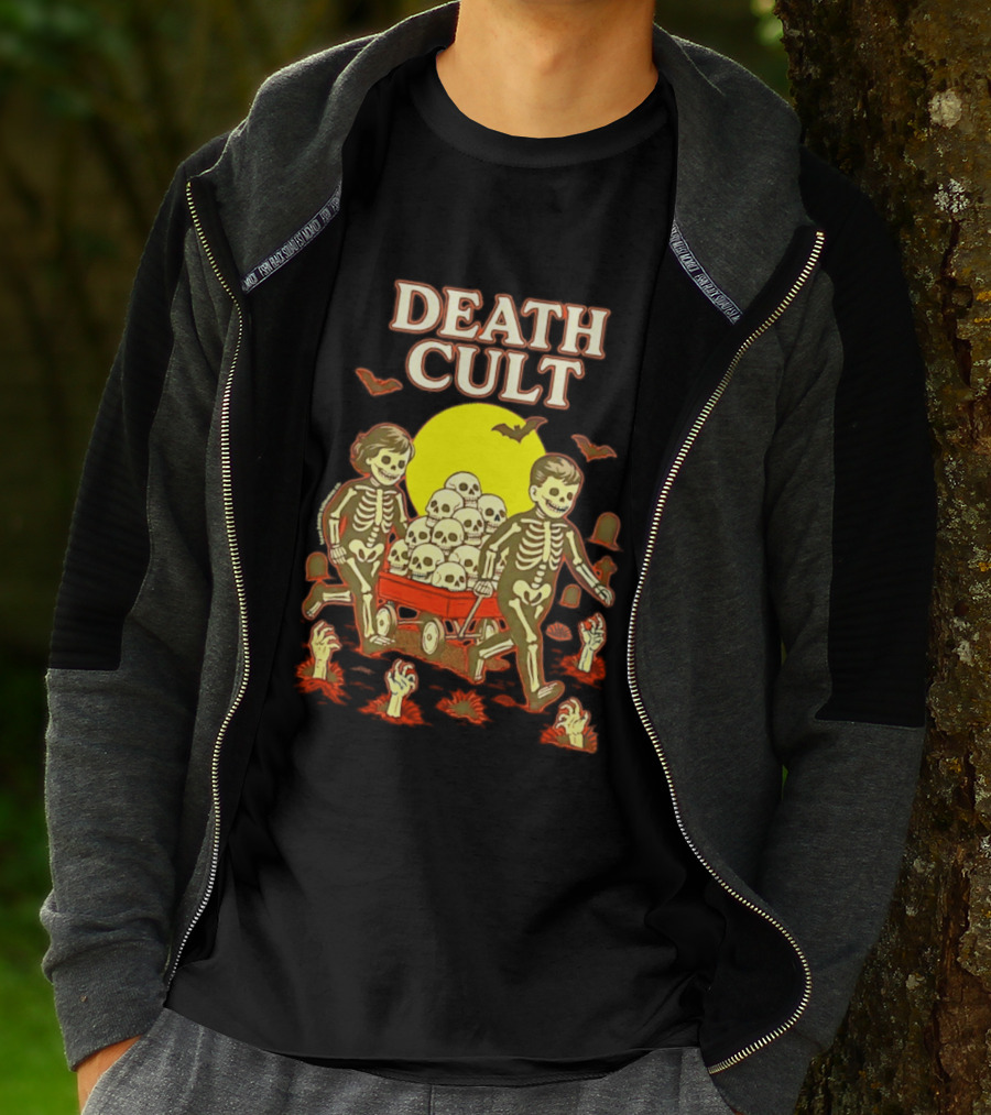 Death Cult Skeleton Kids Hauling Skull Filled Wagon With Rising Hands And Bats T-Shirt