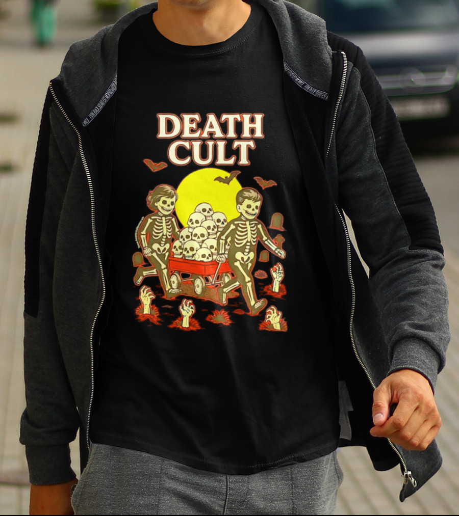 Death Cult Skeleton Kids Hauling Skull Filled Wagon With Rising Hands And Bats T-Shirt
