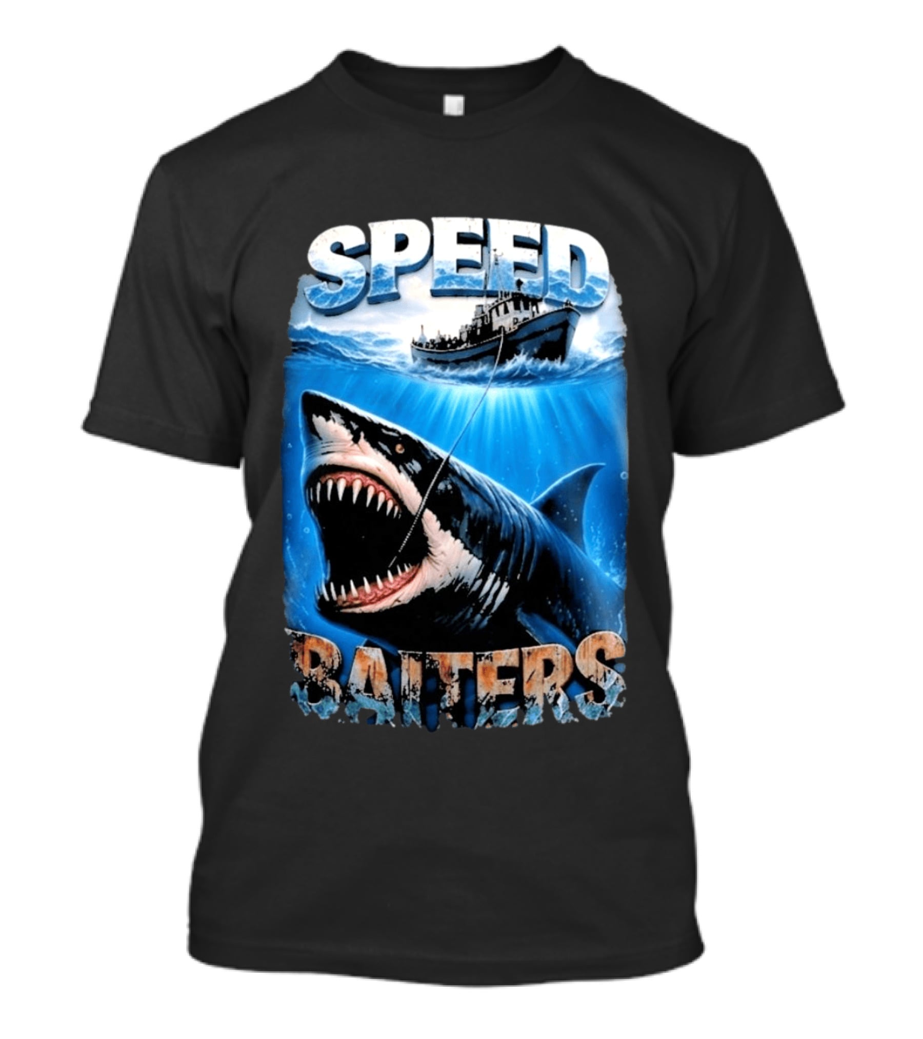 Speed Baiters Shark With Boat And Ocean T-Shirt