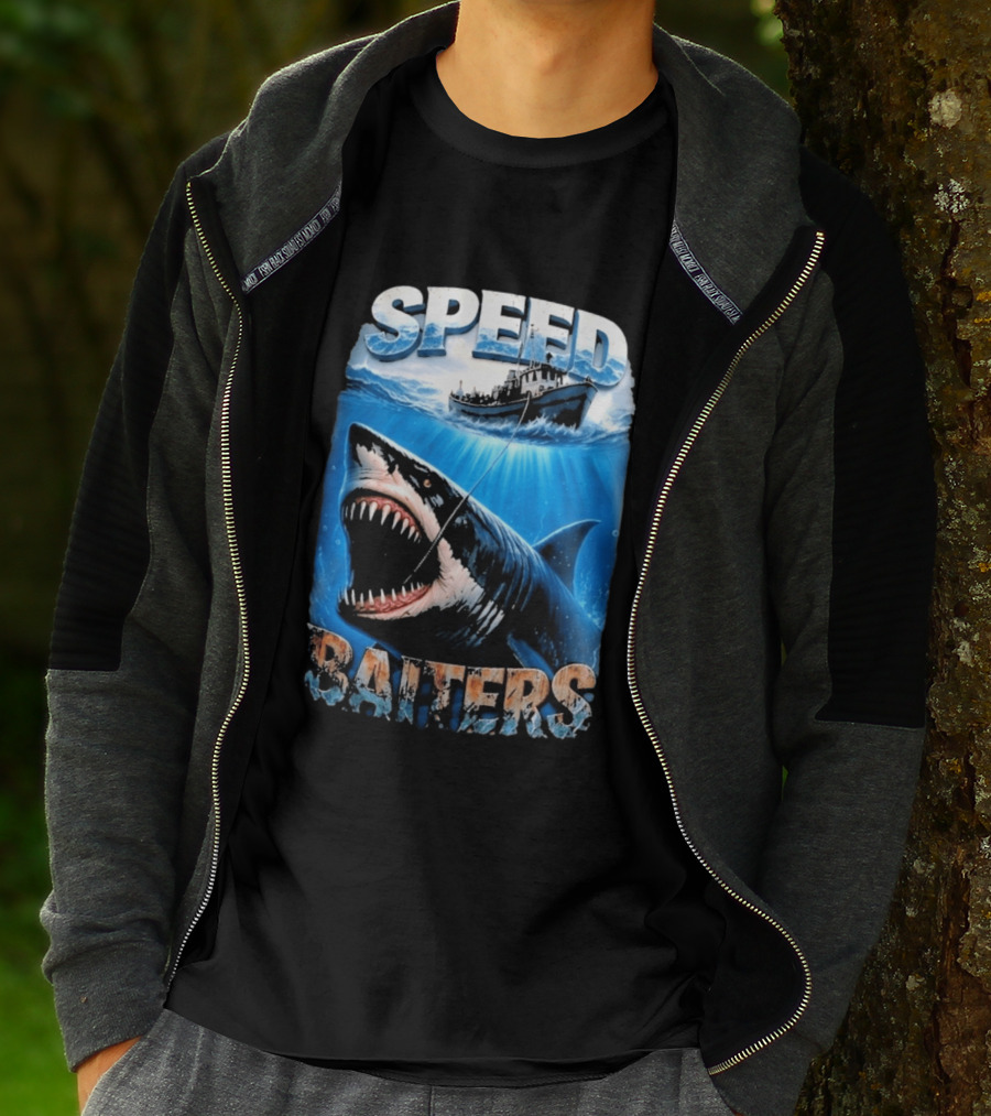 Speed Baiters Shark With Boat And Ocean T-Shirt