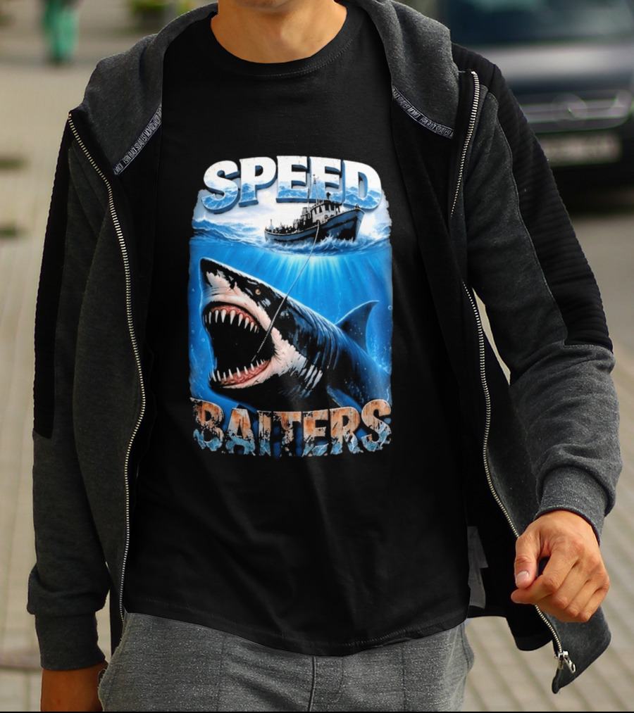 Speed Baiters Shark With Boat And Ocean T-Shirt