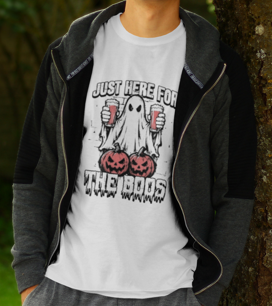 Just Here For The Boos Ghost With Beers And Pumpkins Halloween T-Shirt