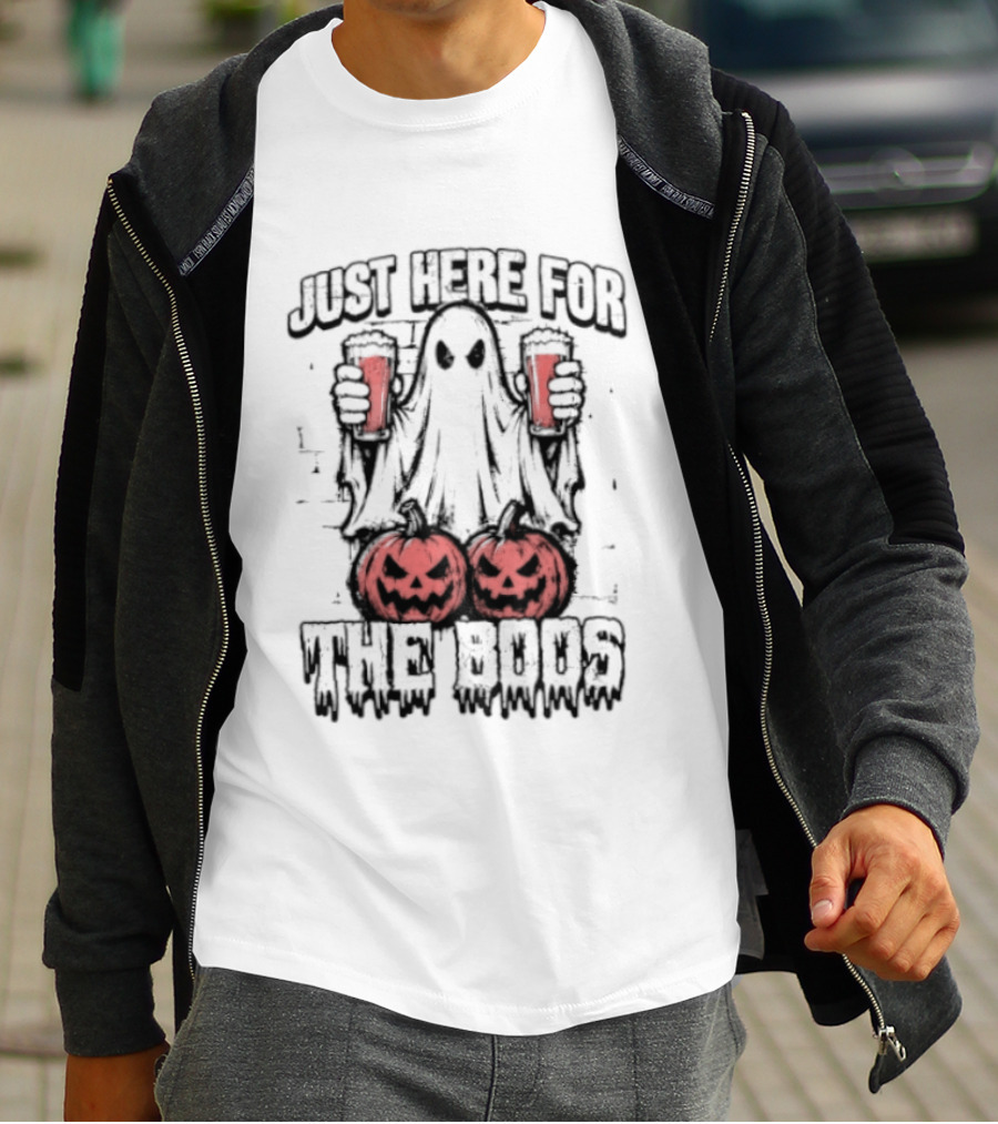 Just Here For The Boos Ghost With Beers And Pumpkins Halloween T-Shirt