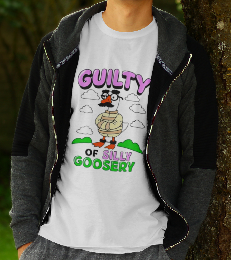 Guilty Of Silly Goosery Cartoon Goose In Striped Suit T-Shirt