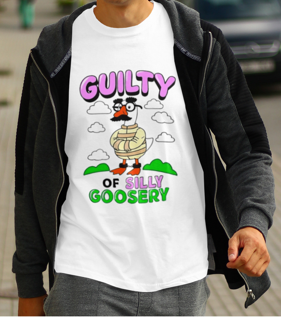Guilty Of Silly Goosery Cartoon Goose In Striped Suit T-Shirt