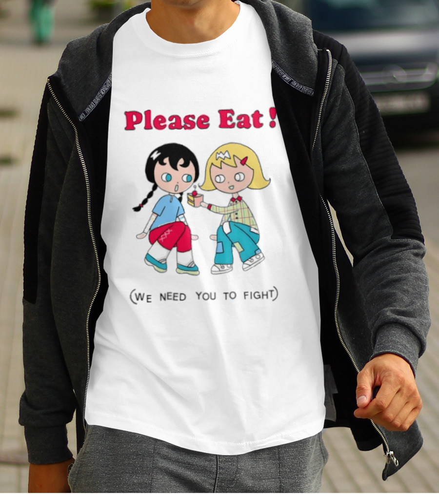 Please Eat We Need You To Fight Vintage Anime Style Cartoon Characters Sharing Food T-Shirt