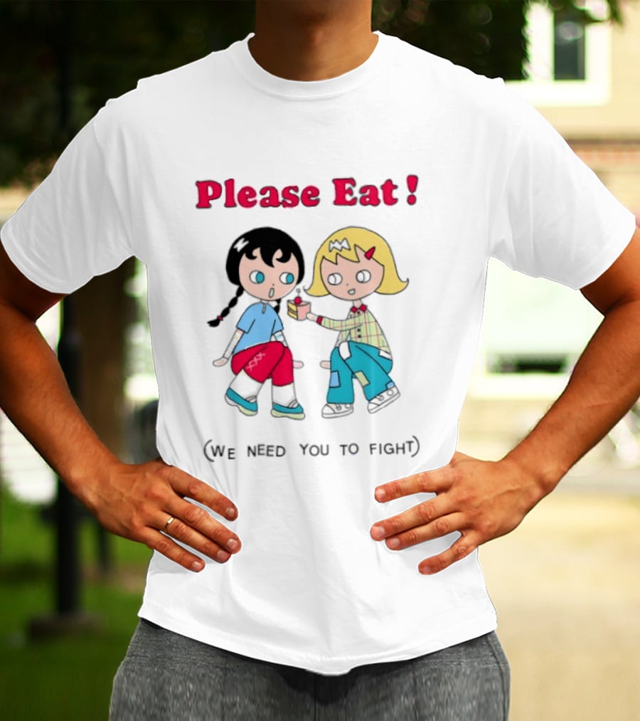 Please Eat We Need You To Fight Vintage Anime Style Cartoon Characters Sharing Food T-Shirt