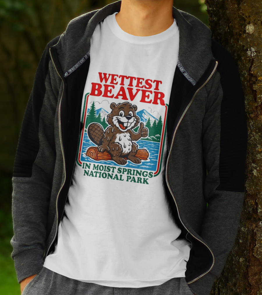 Wettest Beaver In Moist Springs National Park Funny Cartoon Log T-Shirt