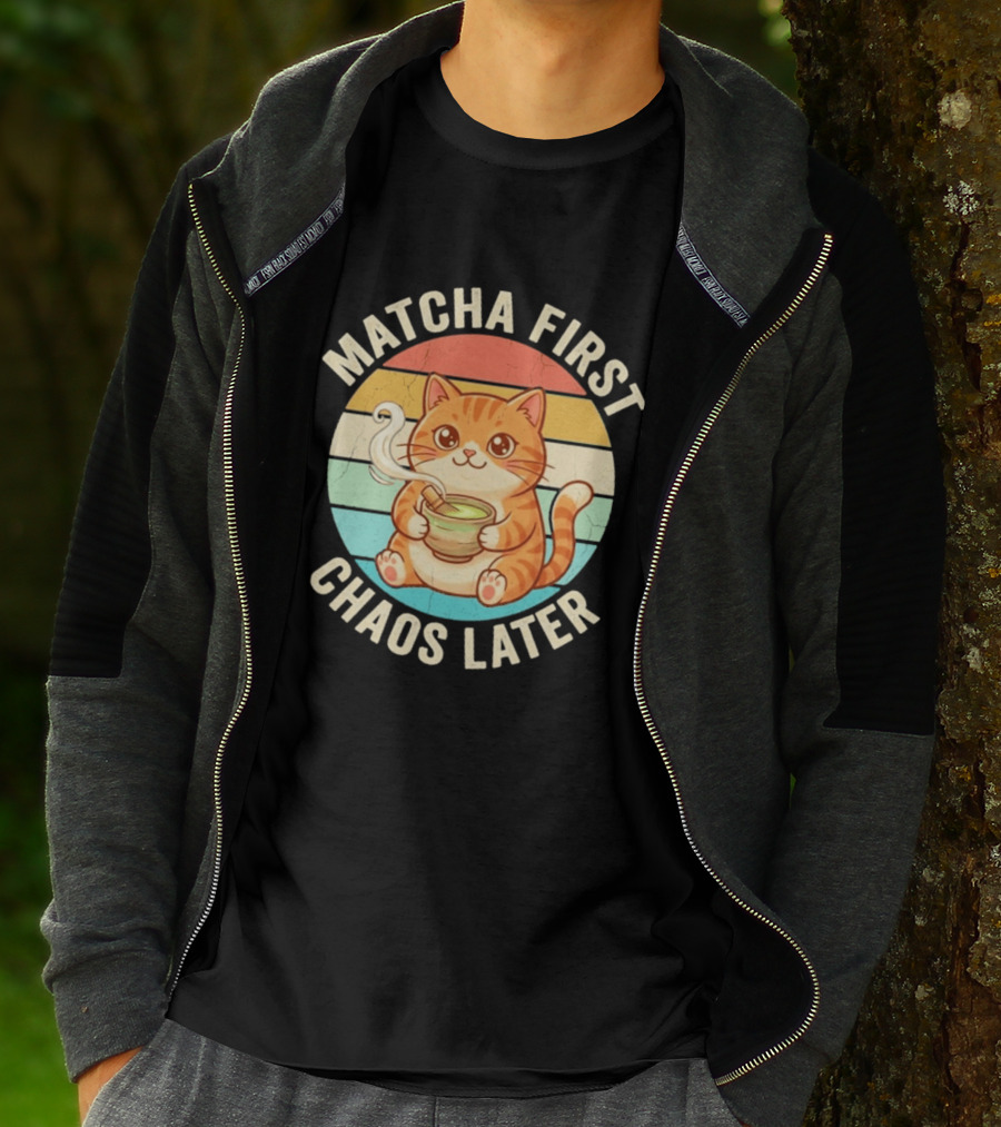 Matcha First Chaos Later Cat Retro Stripes Tea T-Shirt